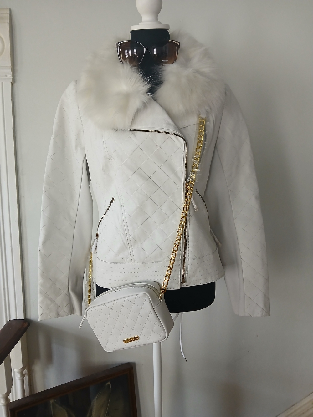 IMAN White Quilted Faux Fur Collar Leather Moto Jacket 3 Piece Set